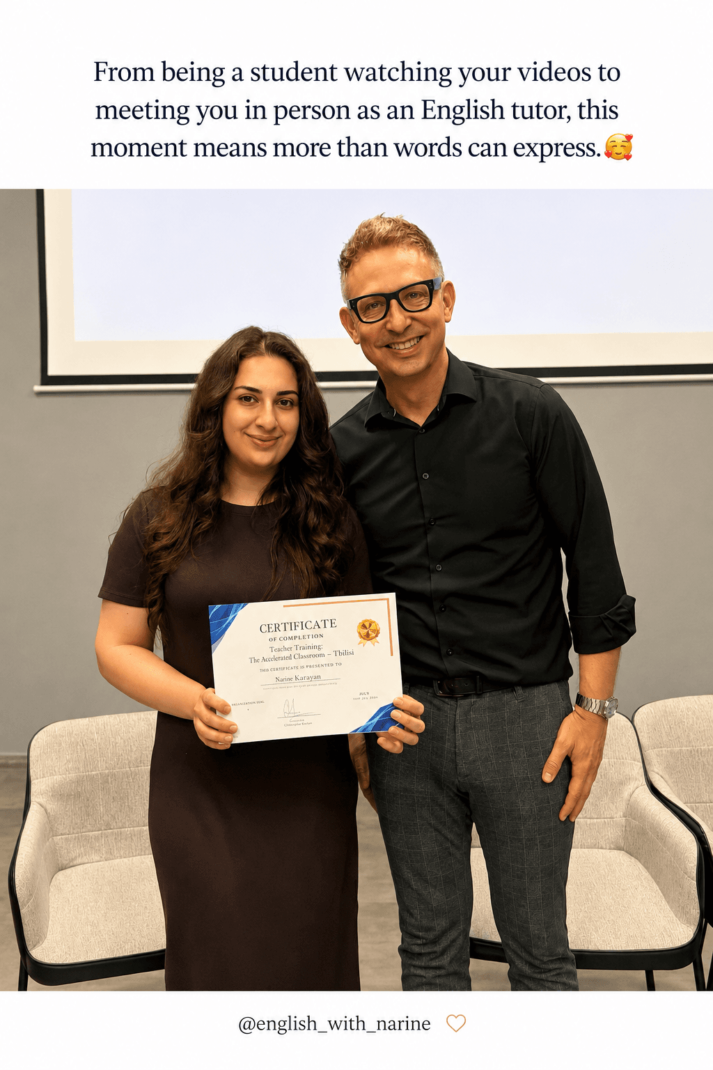 A teacher's social media post thanking Professor Korten, above the photograph she shared of herself holding her certificate of completion beside him.