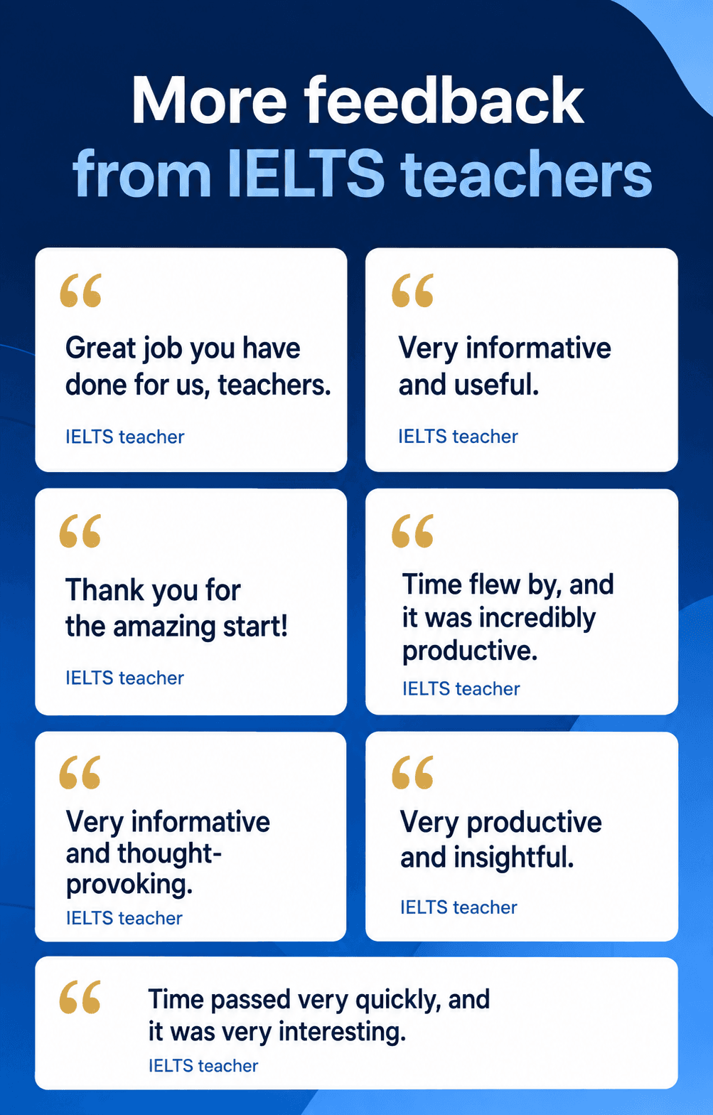 Feedback card collecting several short participant comments from an IELTS masterclass.
