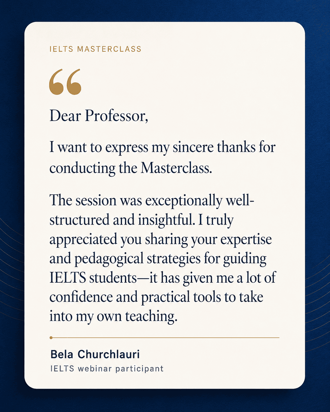 Feedback card showing a written message of thanks from an IELTS masterclass participant.